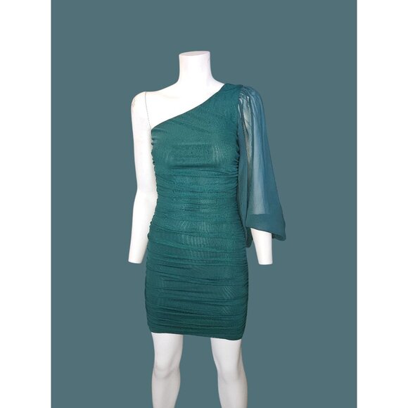 Hello Molly One-Sheer Shoulder Emerald Green Ruched Bodycon Dress - Women 6 - Picture 1 of 8